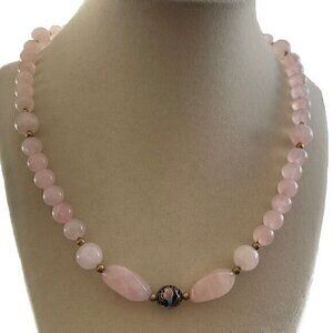 Vintage ROSE QUARTZ  Hand Knotted Beaded   Necklace w Enamel Pendant Two Tone